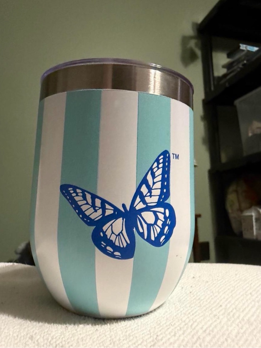 Dolly Parton Stemless Striped Stainless Steel Wine Tumbler with Blue Butterfly